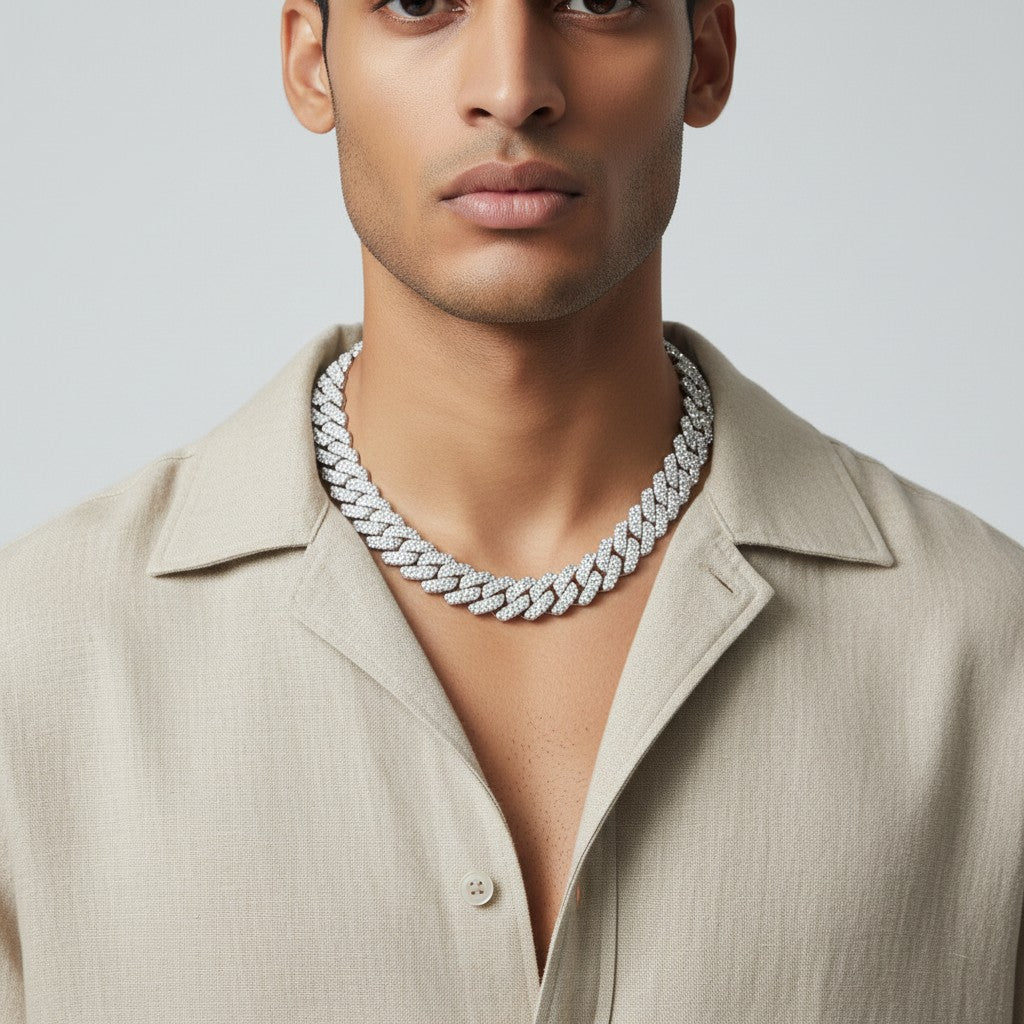 12MM Iced-Out Pave Cuban Link CZ Silver Plated Chain For Men