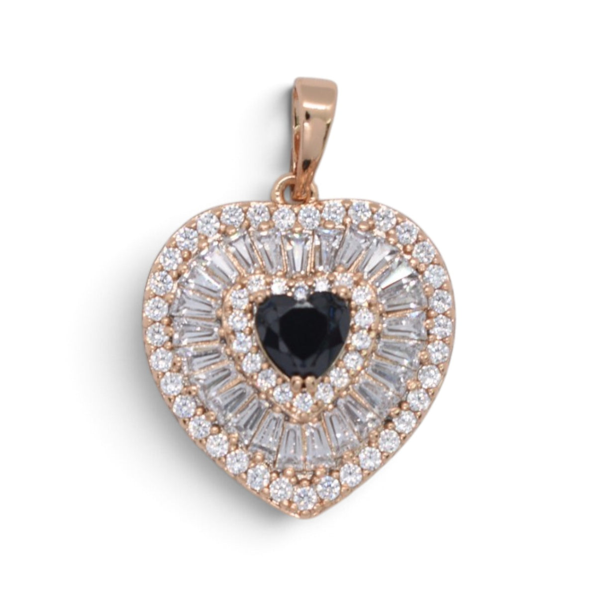 Gold Plated Rose Gold Tone Heart Baguette CZ Halo Pendant - Oro Laminado