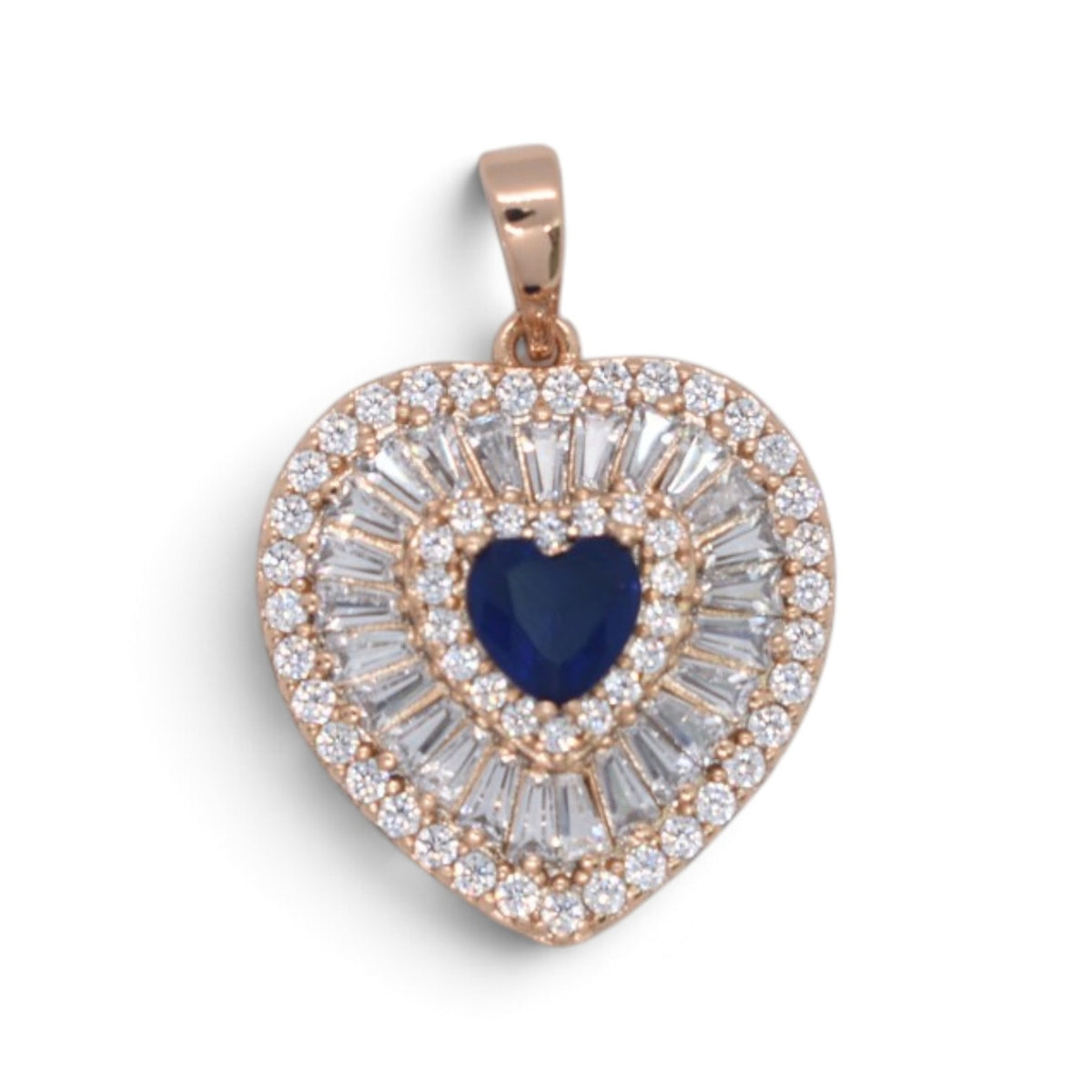 Gold Plated Rose Gold Tone Heart Baguette CZ Halo Pendant - Oro Laminado