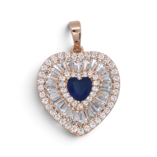 Gold Plated Rose Gold Tone Heart Baguette CZ Halo Pendant - Oro Laminado