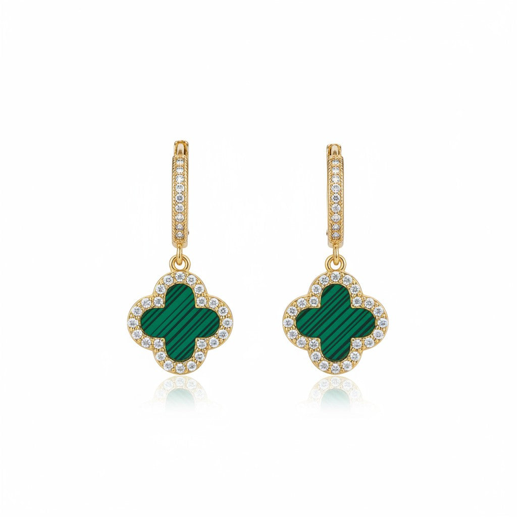 Gold Plated Clover Earrings Green