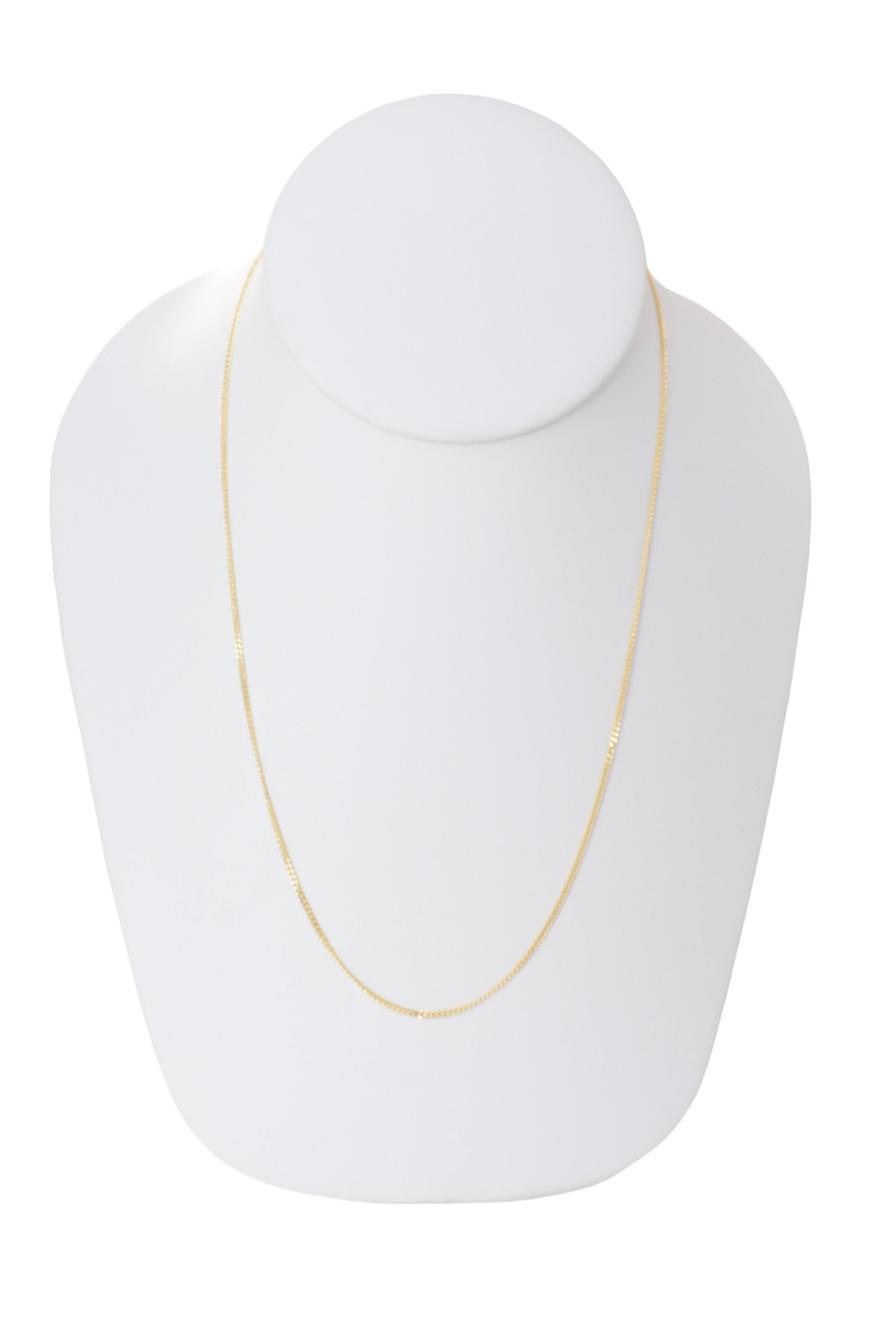 Gold Plated 50mm width Cuban Chain Necklace displayed on a jewelry display, available in 16",18",20",22" and 24" lengths.