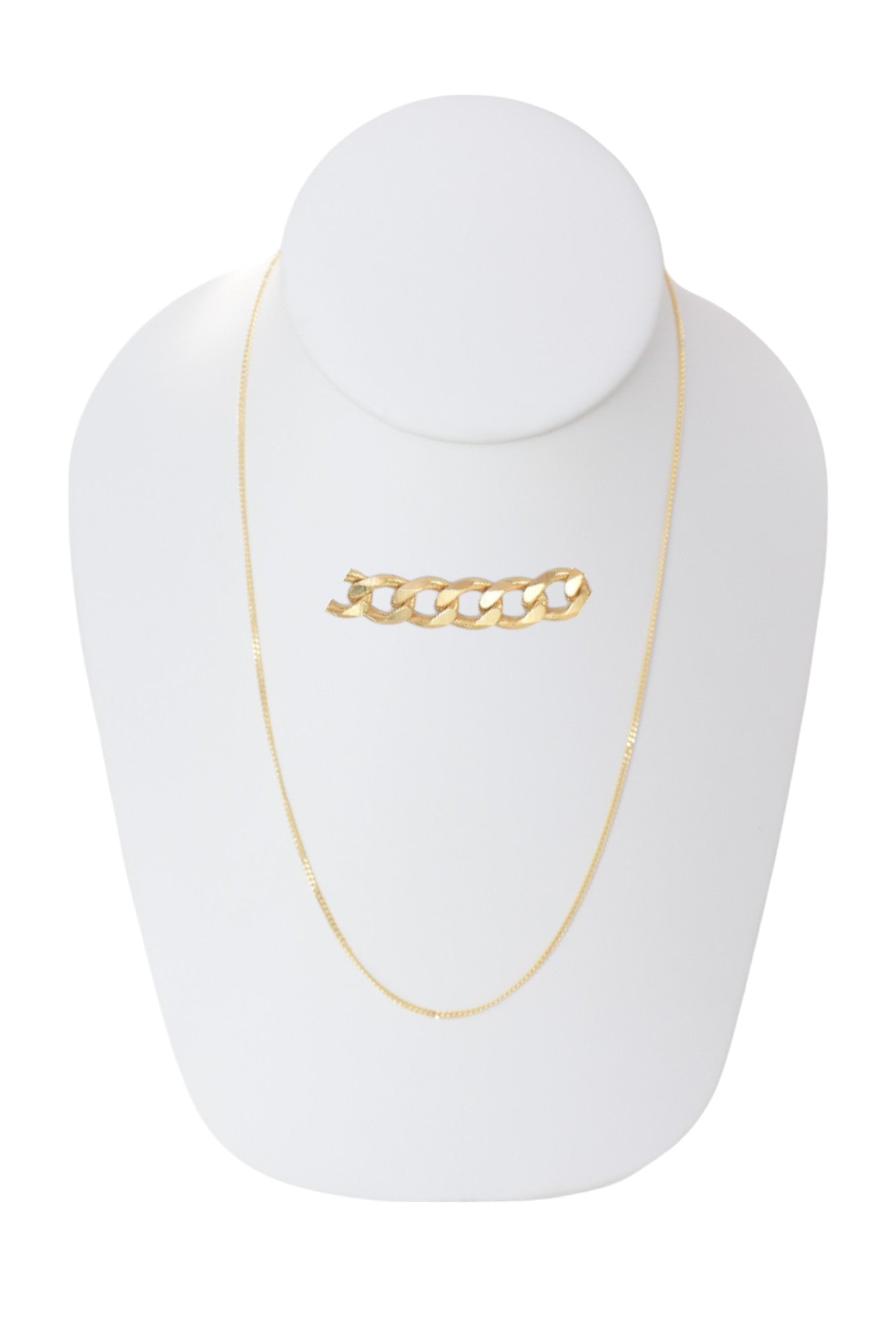 Gold Plated 50mm width Cuban Chain Necklace displayed on a jewelry display, available in 16",18",20",22" and 24" lengths.