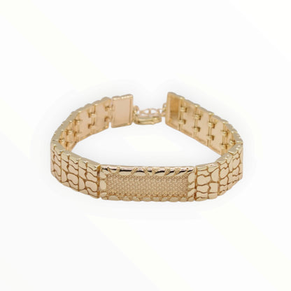 Gold Plated Diamond-Cut Stippled ID Nugget Link Bracelet - Oro Laminado