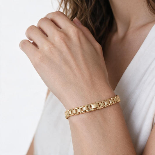 Gold Plated Textured Brick Link Watch Band Bracelet - Oro Laminado