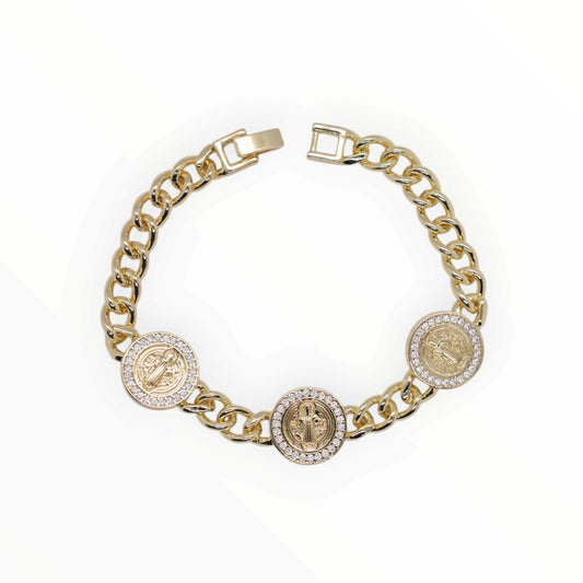 Gold Plated San Benito Medal Curb Chain Pave CZ Bracelet - Oro Laminado