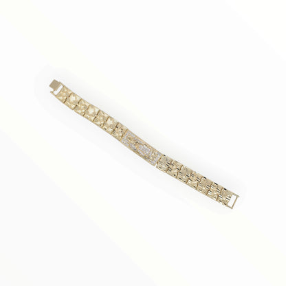 Gold Plated Virgin Mary Nugget Link Pave CZ ID Bracelet - Oro Laminado