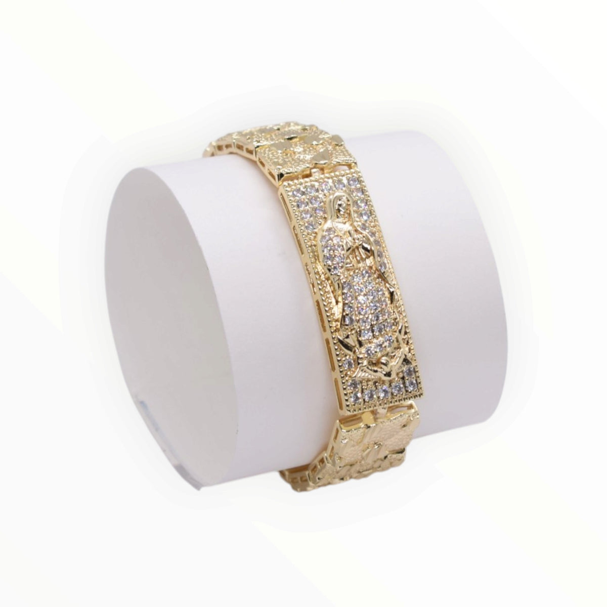 Gold Plated Virgin Mary Nugget Link Pave CZ ID Bracelet - Oro Laminado