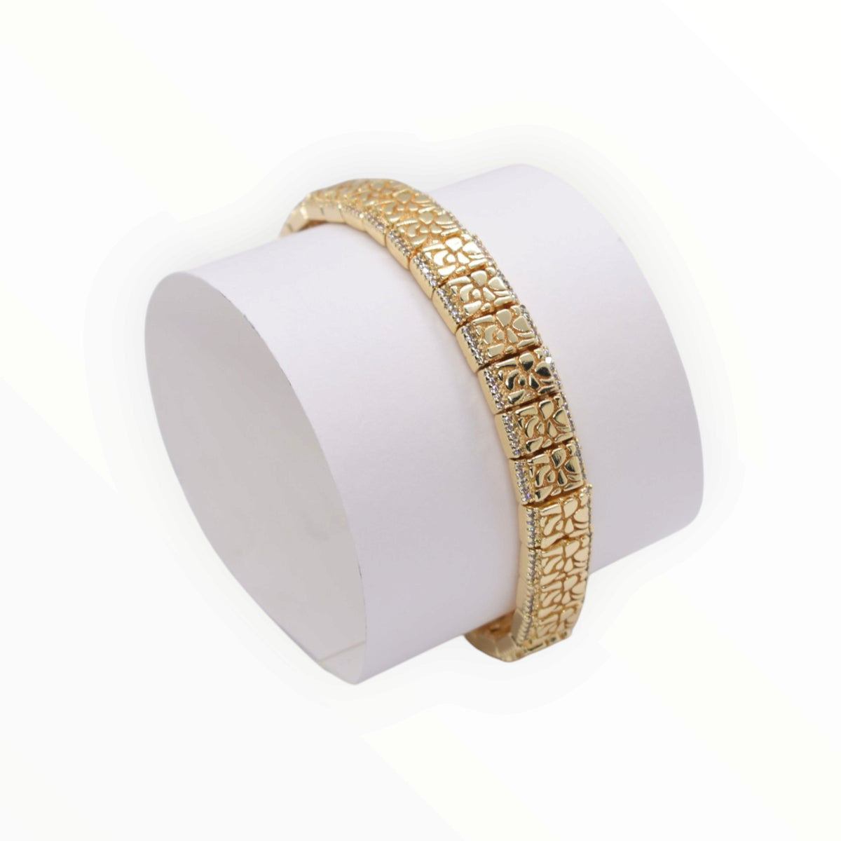 Gold Plated Pave CZ Bordered Nugget Link Bracelet - Oro Laminado