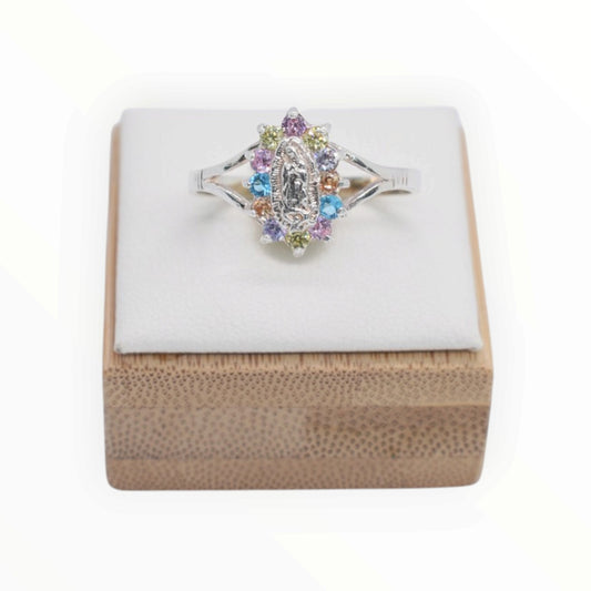 925 Sterling Silver Virgin Mary Multicolor CZ Split Shank Ring