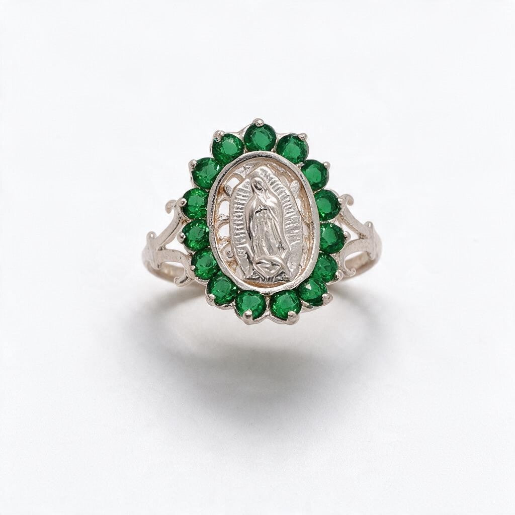 925 Sterling Silver Virgin Mary Green CZ Halo Ring