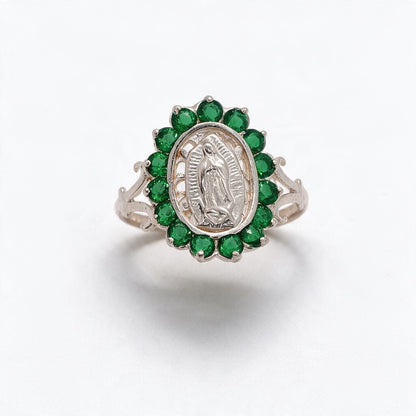 925 Sterling Silver Virgin Mary Green CZ Halo Ring