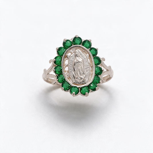 925 Sterling Silver Virgin Mary Green CZ Halo Ring