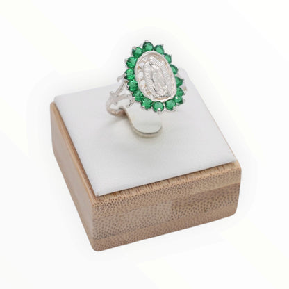 925 Sterling Silver Virgin Mary Green CZ Halo Ring