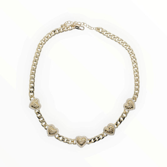 Gold Plated Textured Nugget Heart Curb Chain Pave CZ Necklace - Oro Laminado