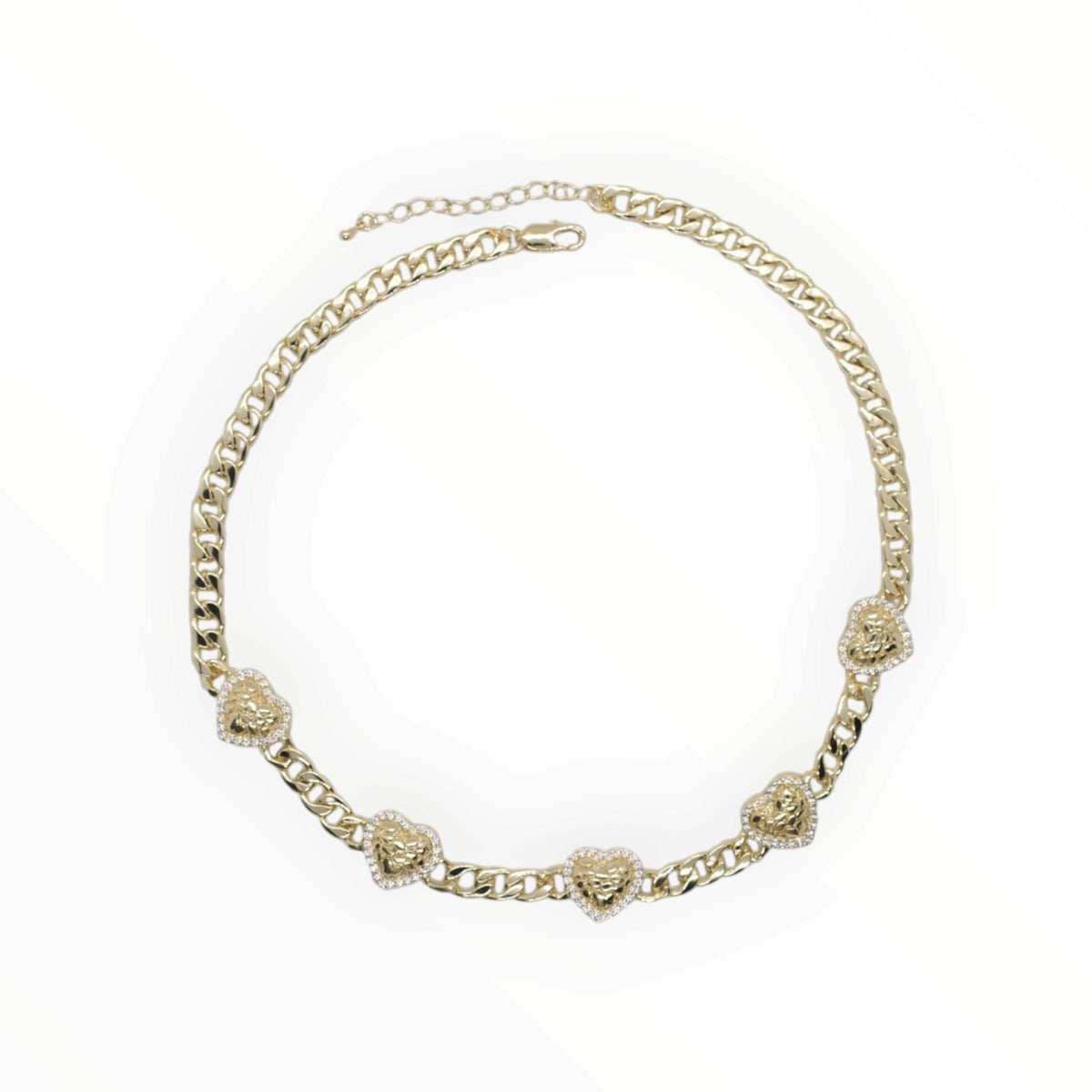 Gold Plated Textured Nugget Heart Curb Chain Pave CZ Necklace - Oro Laminado