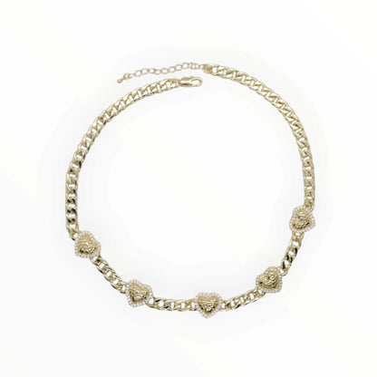 Gold Plated Textured Nugget Heart Curb Chain Pave CZ Necklace - Oro Laminado