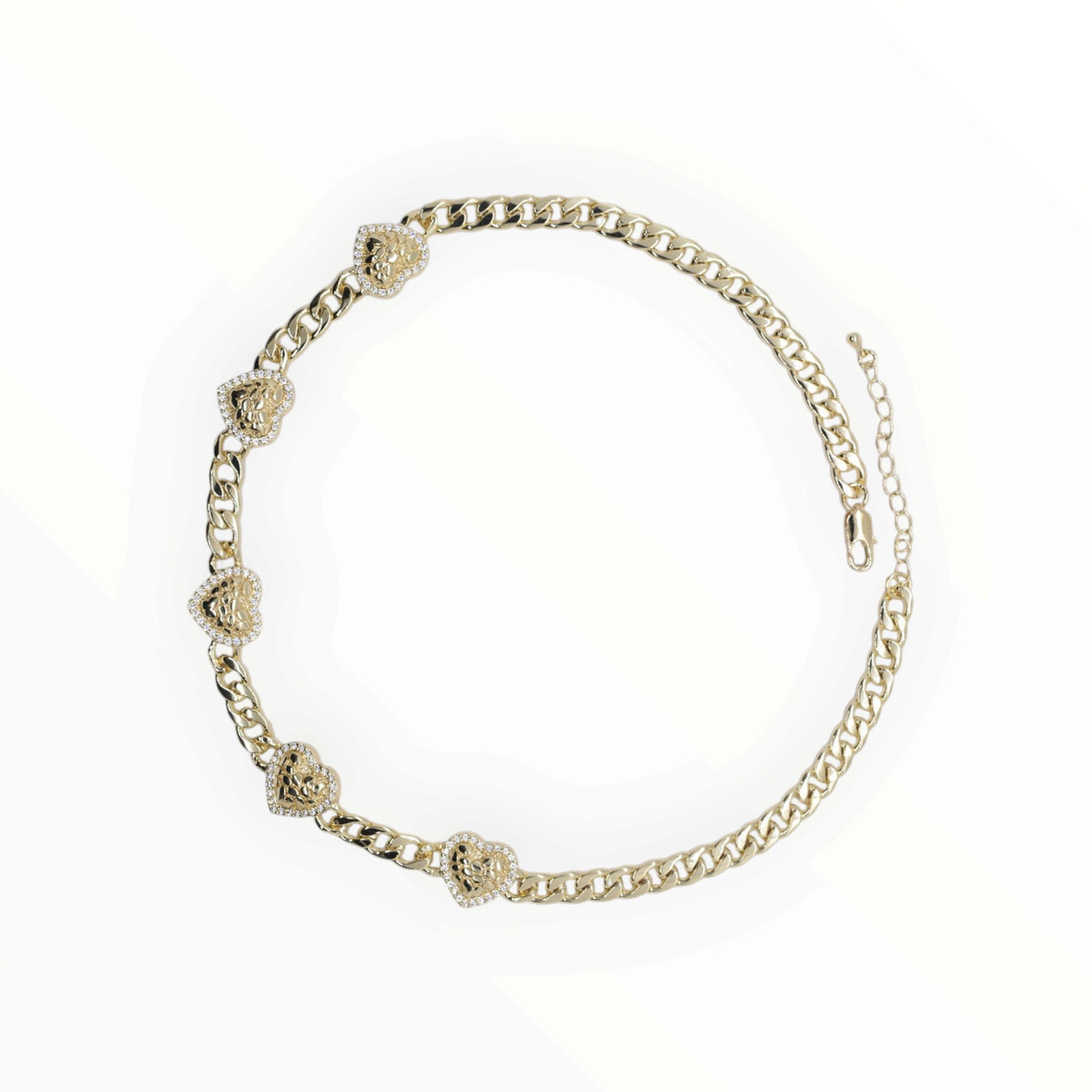 Gold Plated Textured Nugget Heart Curb Chain Pave CZ Necklace - Oro Laminado