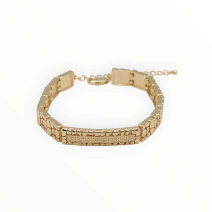 Gold Plated Slim Diamond-Cut Stippled ID Nugget Bracelet - Oro Laminado