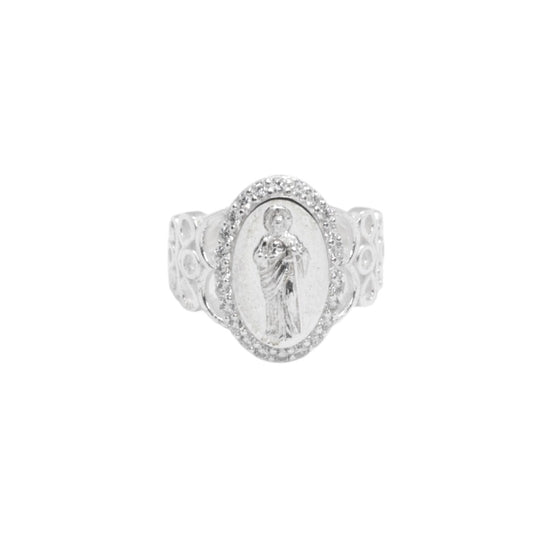 925 Sterling Silver St. Jude Oval Pave CZ Signet Ring - Plata de Ley 925
