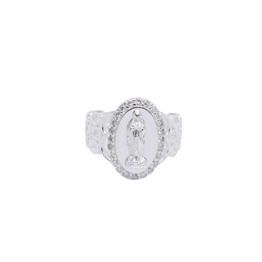 925 Sterling Silver Virgin Mary Oval Pave CZ Signet Ring - Plata de Ley 925
