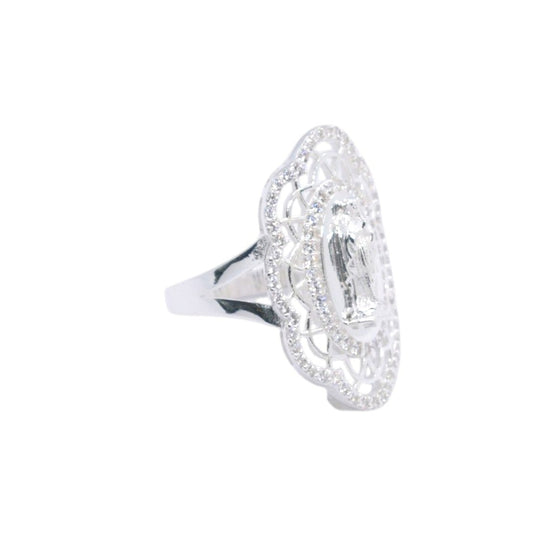 925 Sterling Silver Virgin Mary Filigree Pave CZ Statement Ring - Plata de Ley 925