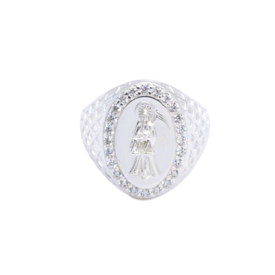 925 Sterling Silver Santa Muerte Oval Pave CZ Signet Ring - Plata de Ley 925