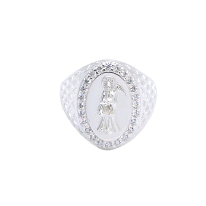925 Sterling Silver Santa Muerte Oval Pave CZ Signet Ring - Plata de Ley 925