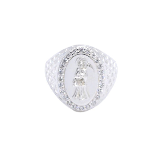 925 Sterling Silver Santa Muerte Oval Pave CZ Signet Ring - Plata de Ley 925