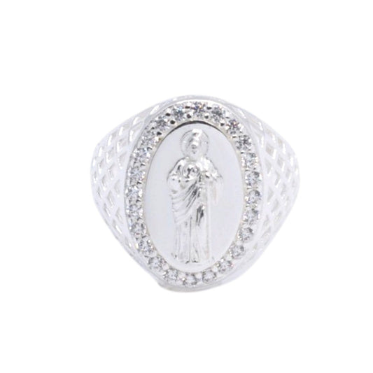 925 Sterling Silver St. Jude Oval Pave CZ Signet Ring - Plata de Ley 925