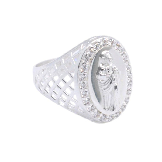 925 Sterling Silver St. Jude Oval Pave CZ Signet Ring - Plata de Ley 925