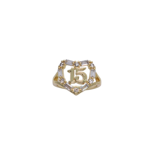 Gold Plated Quinceañera 15 Heart Baguette CZ Ring - Oro Laminado