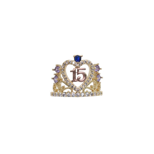 Gold Plated Quinceañera 15 Crown Tiara Multi-Color CZ Ring - Oro Laminado