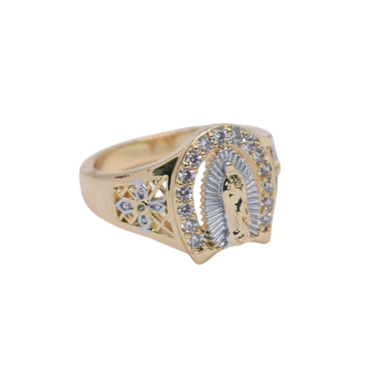 Gold Plated Tri-Tone Virgin Mary Horseshoe Pave CZ Ring - Oro Laminado