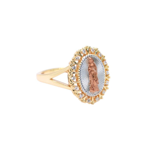 Gold Plated Tri-Tone Virgin Mary Scalloped Pave CZ Ring - Oro Laminado