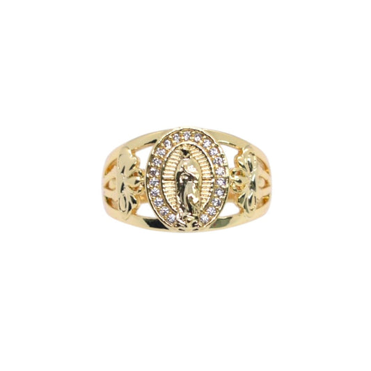 Gold Plated Virgin Mary Oval Pave CZ Floral Band Ring - Oro Laminado