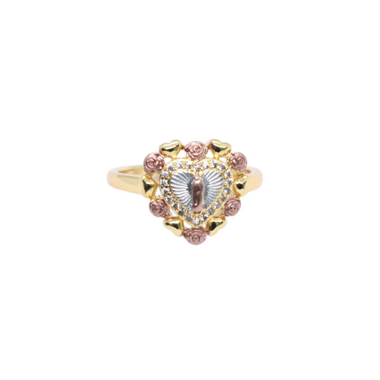 Gold Plated Tri-Tone Heart Virgin Mary Rose Pave CZ Ring - Oro Laminado