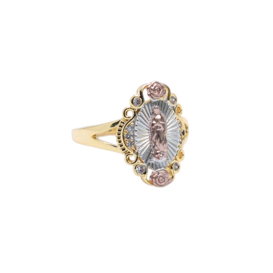 Gold Plated Tri-Tone Virgin Mary Rose Frame Pave CZ Ring - Oro Laminado