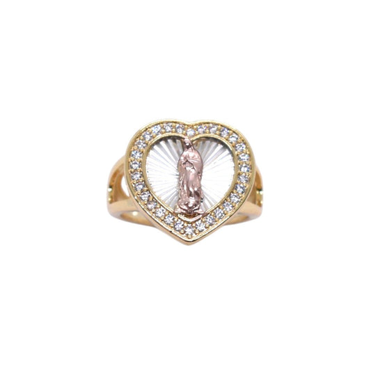 Gold Plated Tri-Tone Heart Virgin Mary Pave CZ Ring - Oro Laminado