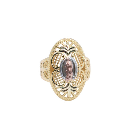 Gold Plated Tri-Tone Virgin Mary Filigree Statement Ring - Oro Laminado