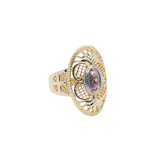 Gold Plated Tri-Tone Virgin Mary Filigree Statement Ring - Oro Laminado