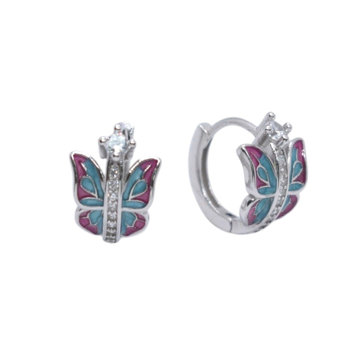 925 Sterling Silver Enamel Butterfly Huggie Earrings - Plata de Ley 925