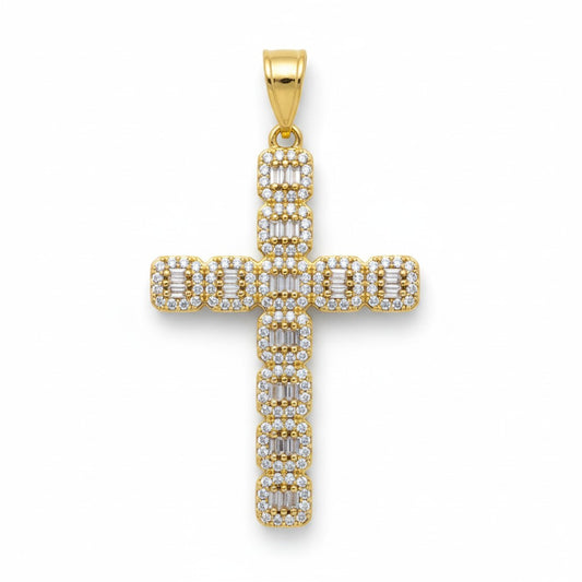 Gold Plated Baguette & Round CZ Cross Pendant - Oro Laminado
