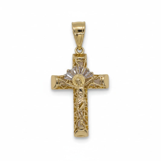 Gold Plated Filigree Crucifix Cross Pendant with CZ Sunburst - Oro Laminado