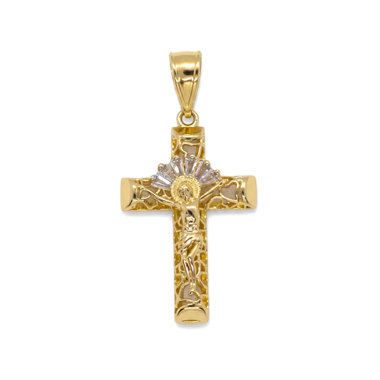 Amafhha Jewels gold-plated filigree crucifix pendant with a baguette CZ sunburst halo and intricate heart openwork.