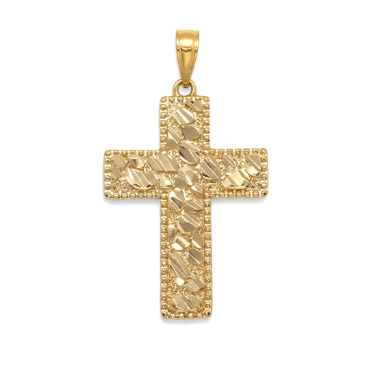 Amafhha Jewels gold plated cross pendant featuring a nugget-textured surface, diamond-cut facets, and milgrain border.