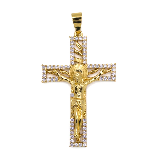 Amafhha Jewels gold-plated crucifix pendant with Jesus figure, radiant halo, openwork flames, and CZ stone border.