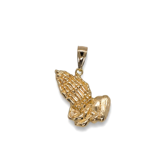 Amafhha Jewels gold-plated praying hands pendant with 3D sculpted detail and polished finish on a simple bail.