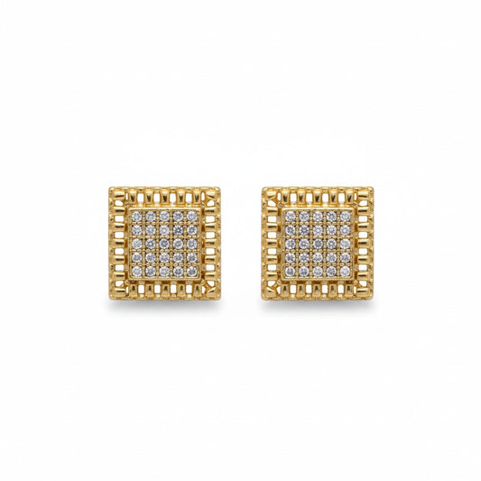 Gold Plated Square CZ Pave Basket Stud Earrings - Oro Laminado