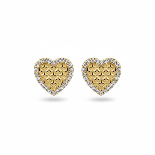 Gold Plated Pyramid Textured Heart Micro-Pave CZ Halo Stud Earrings - Oro Laminado